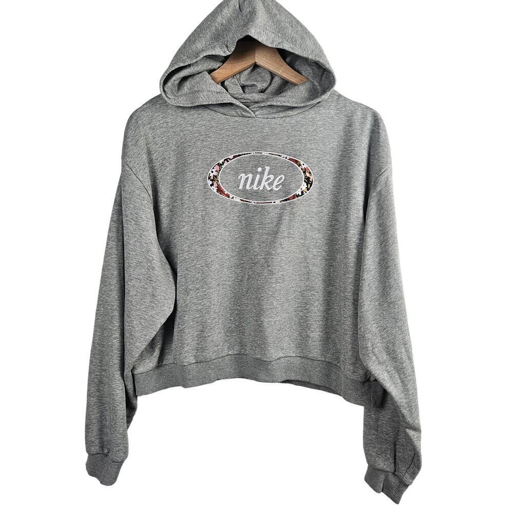 Nike Floral Logo Cropped Hoodie Sweatshirt L Hearther Grey Pullover